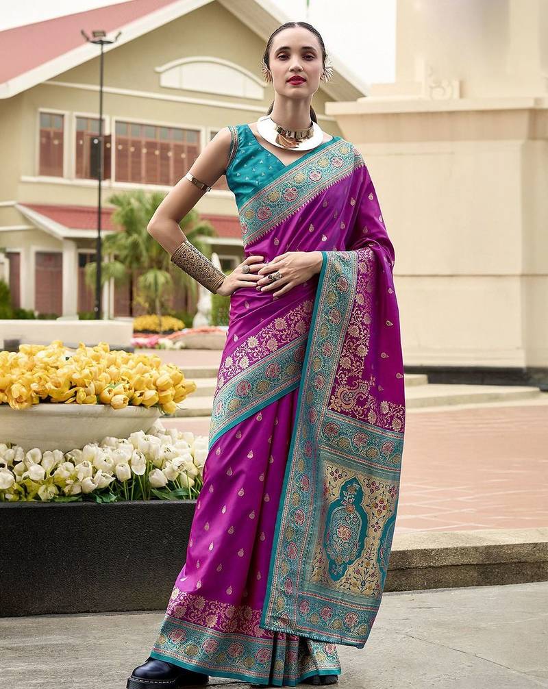 purple floral zari banarasi saree with blouse piece