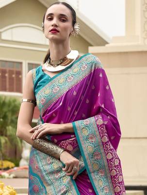 purple floral zari banarasi saree with blouse piece 2
