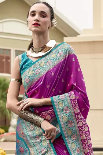 purple floral zari banarasi saree with blouse piece