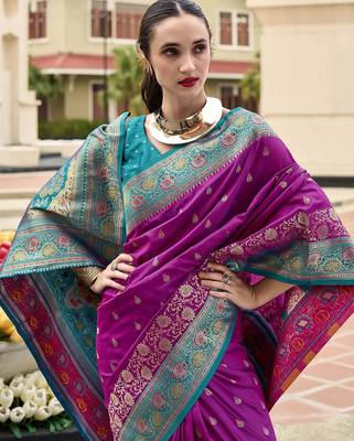 purple floral zari banarasi saree with blouse piece 3