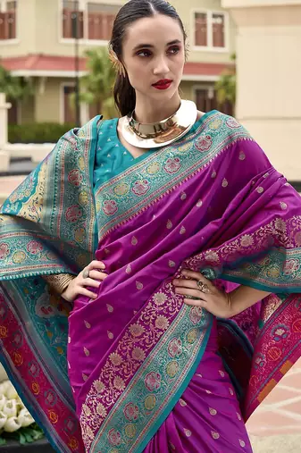 purple floral zari banarasi saree with blouse piece