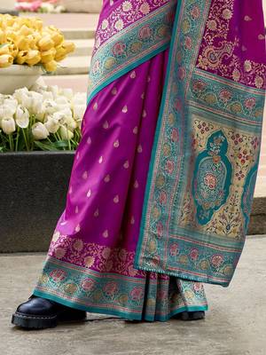 purple floral zari banarasi saree with blouse piece 4