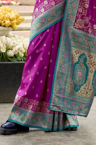 purple floral zari banarasi saree with blouse piece