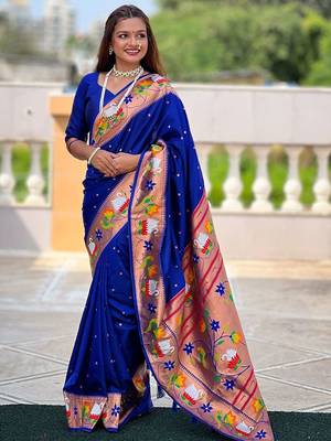 blue woven design zari paithani saree 1