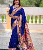 blue woven design zari paithani saree