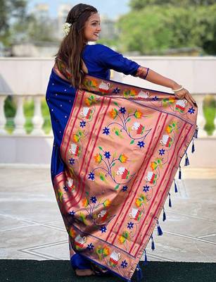 blue woven design zari paithani saree 3