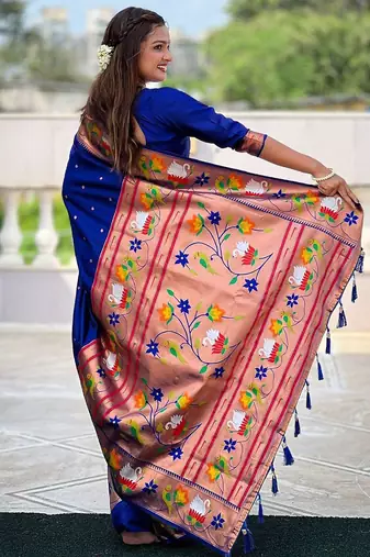 blue woven design zari paithani saree