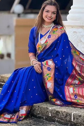 blue woven design zari paithani saree