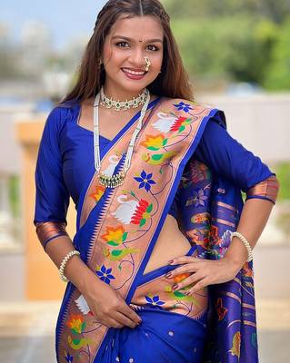 blue woven design zari paithani saree 5