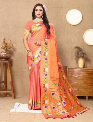 peach women woven design zari paithani saree 1