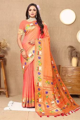 peach women woven design zari paithani saree