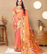 peach women woven design zari paithani saree
