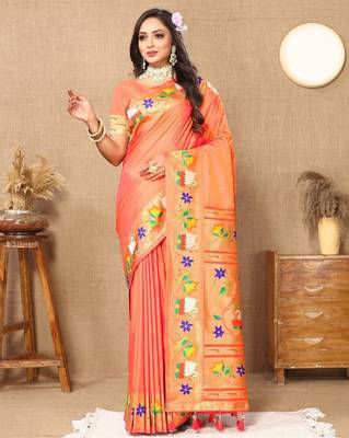 peach women woven design zari paithani saree 2
