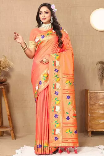 peach women woven design zari paithani saree