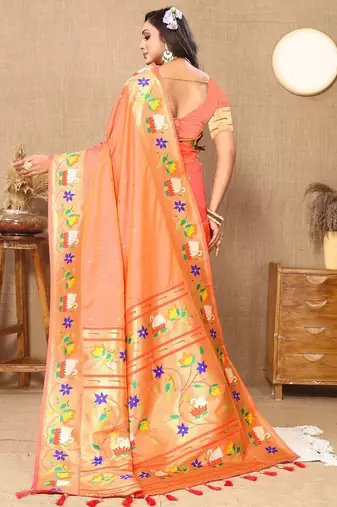 peach women woven design zari paithani saree