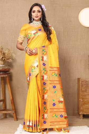 yellow woven design zari silk blend paithani saree