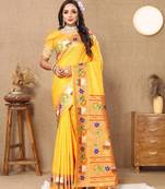 yellow woven design zari silk blend paithani saree