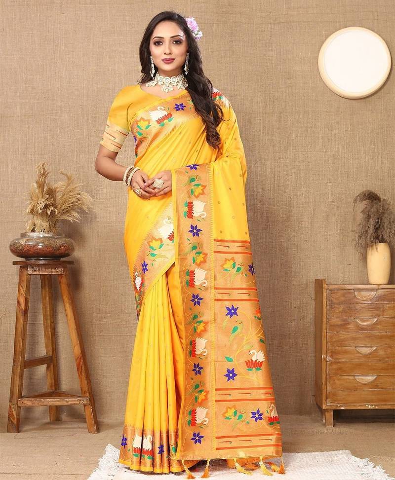 yellow woven design zari silk blend paithani saree