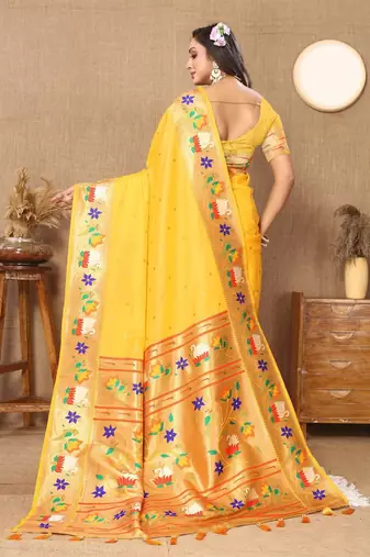 yellow woven design zari silk blend paithani saree