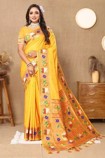 yellow woven design zari silk blend paithani saree
