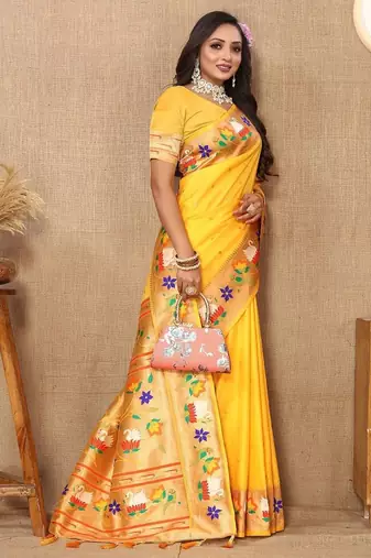 yellow woven design zari silk blend paithani saree