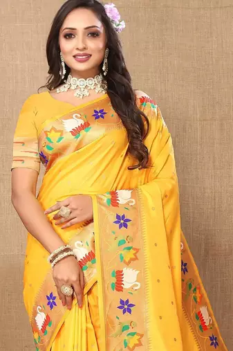yellow woven design zari silk blend paithani saree