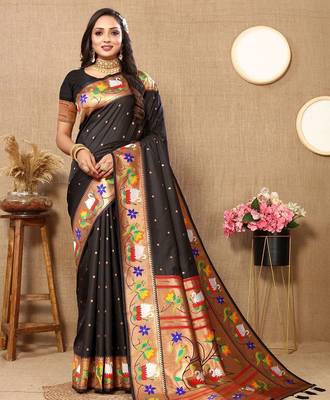 black woven design zari silk blend paithani saree 1