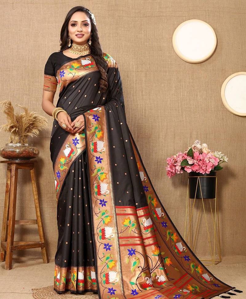 black woven design zari silk blend paithani saree
