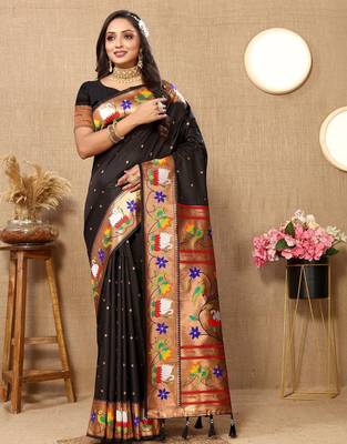 black woven design zari silk blend paithani saree 2