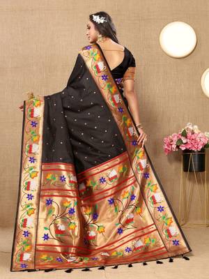 black woven design zari silk blend paithani saree 3