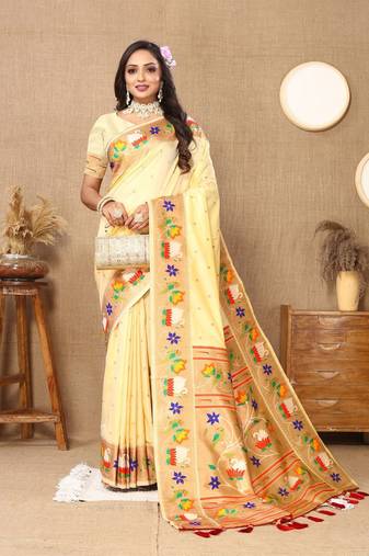 cream woven design zari silk blend paithani saree