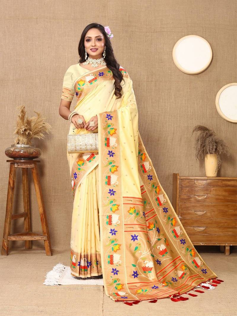 cream woven design zari silk blend paithani saree