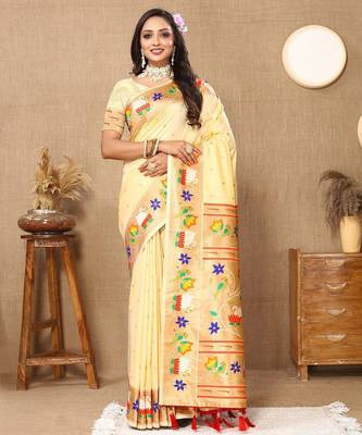 cream woven design zari silk blend paithani saree 2