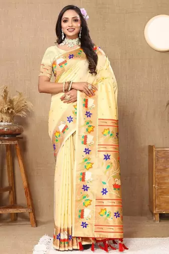 cream woven design zari silk blend paithani saree