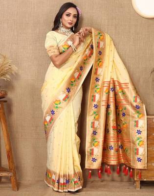 cream woven design zari silk blend paithani saree 4