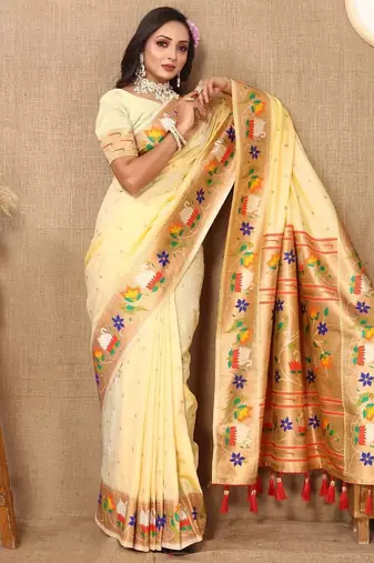 cream woven design zari silk blend paithani saree