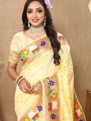 cream woven design zari silk blend paithani saree 5