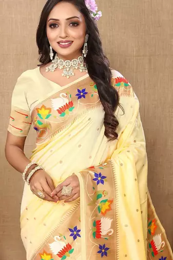 cream woven design zari silk blend paithani saree