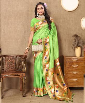 light_lime ethnic motifs woven design paithani saree 4