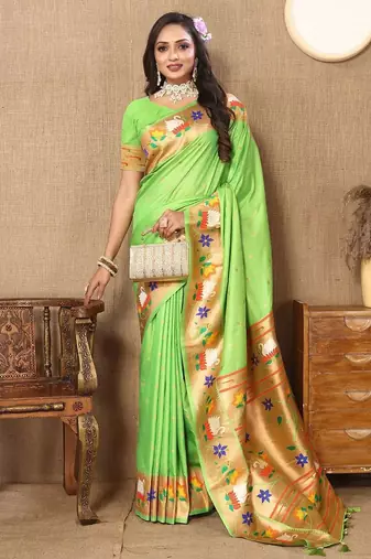 light_lime ethnic motifs woven design paithani saree