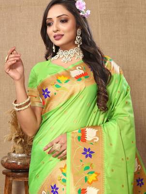 light_lime ethnic motifs woven design paithani saree 5