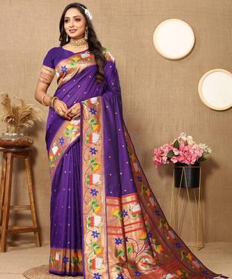 purple woven design zari silk blend paithani saree 1