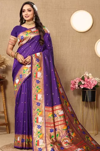 purple woven design zari silk blend paithani saree