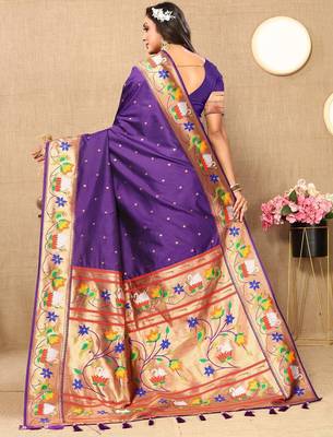 purple woven design zari silk blend paithani saree 2