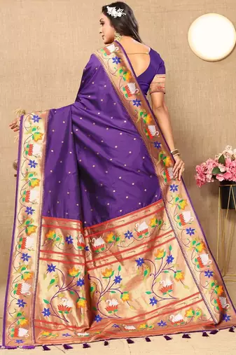 purple woven design zari silk blend paithani saree
