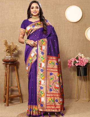 purple woven design zari silk blend paithani saree 3