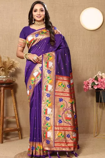purple woven design zari silk blend paithani saree