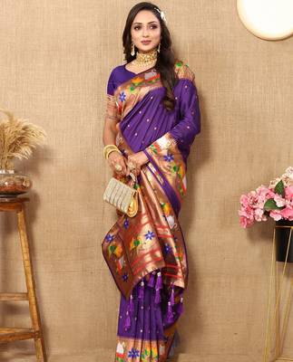 purple woven design zari silk blend paithani saree 4