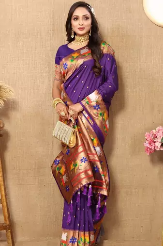 purple woven design zari silk blend paithani saree