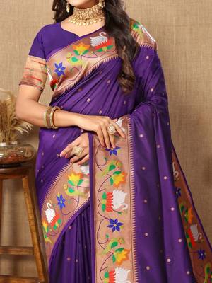 purple woven design zari silk blend paithani saree 5